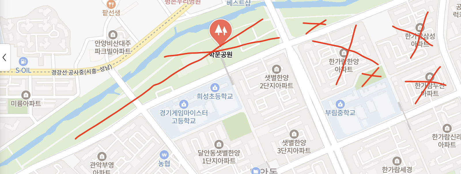 빨간색으로 표시한 구역이 답사 완료 구역. 동안구를 3개 구역으로 나눠 팀원 5명이 분담했습니다.